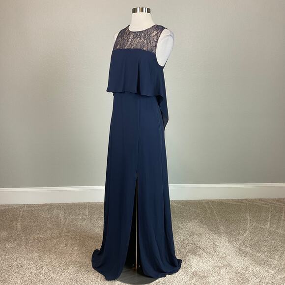 BCBGMAXAZRIA Lace and Crepe Evening Gown Blue Size 4 Sheer Back Formal Dress - Picture 5 of 13